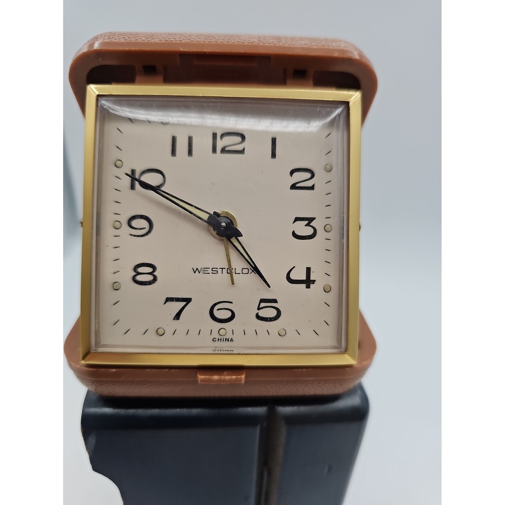 Vintage Westclox Folding Wind Up Travel Alarm Clock Brown Case